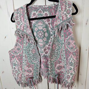 Vintage Boho Tapestry Fringe Vest – Southwestern Festival Style (Fits Like Large